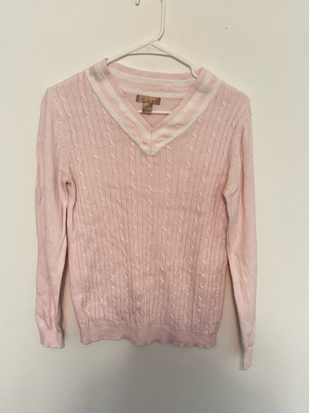 Classic Pink Cable-Knit V-Neck Sweater